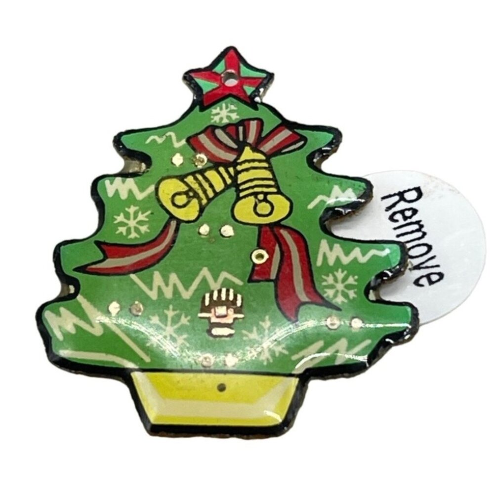 Christmas tree holiday bells ribbon star green red light up pin brooch 1" NEW